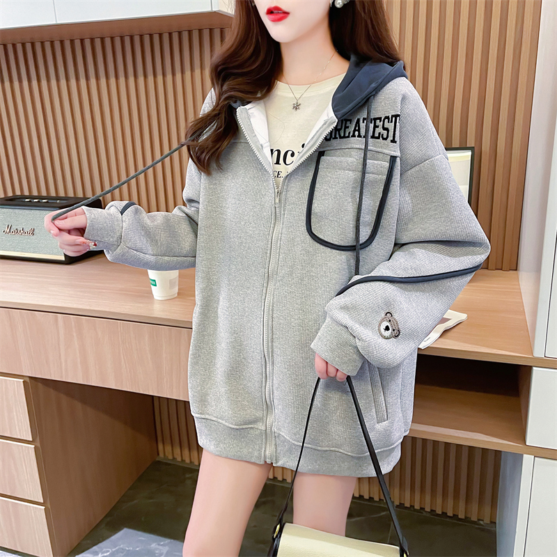 Real shot of waffle back collar spring and autumn thin long-sleeved sweatshirt for women Korean style loose design top with same style as internet celebrity