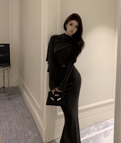 Real shot of long-sleeved dress with collar and ribbon for women, cool temperament, waist-cinching, sexy slit and hip-hugging skirt