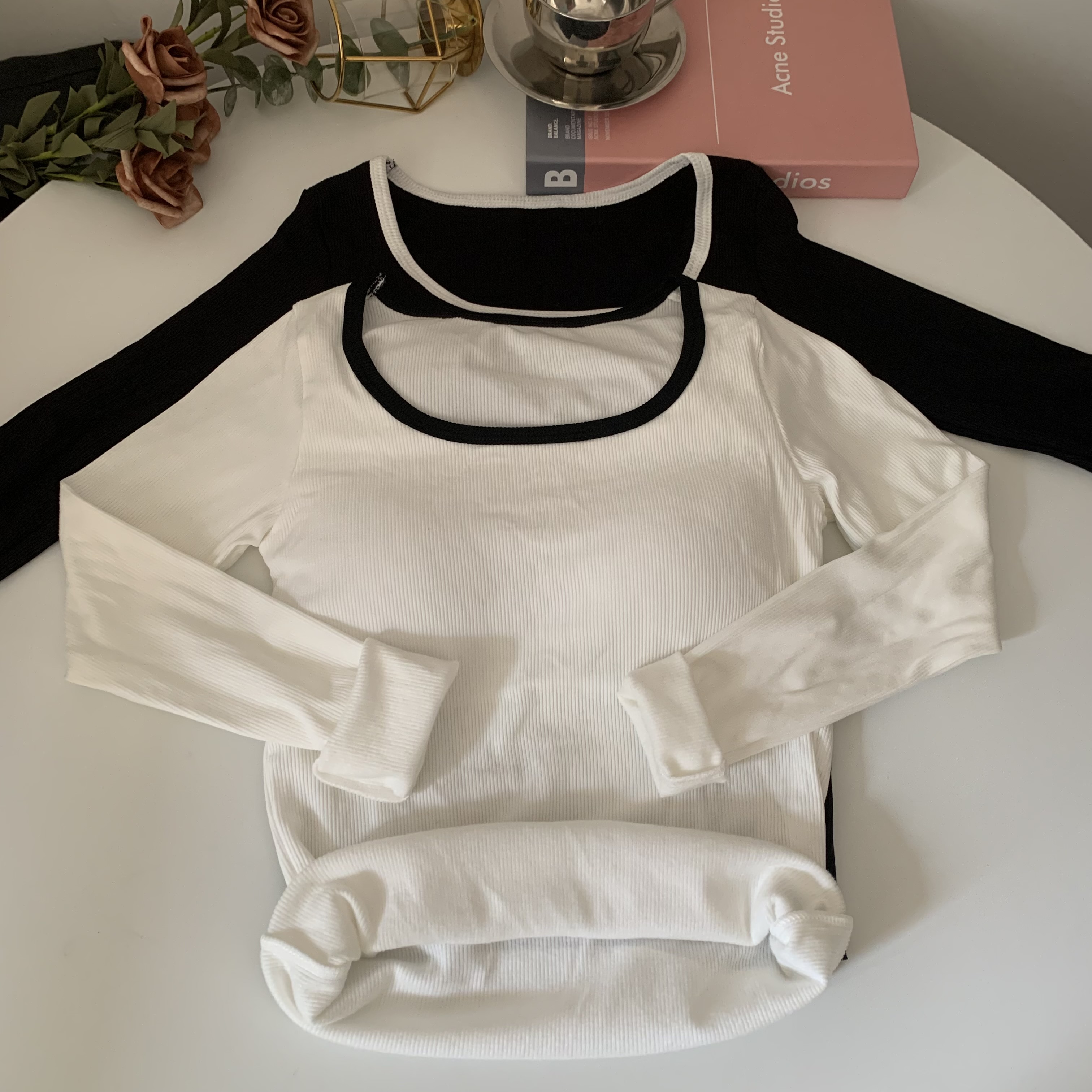 Real shot of warm brushed plus velvet thickened square collar inner layering shirt slim long-sleeved top underwear