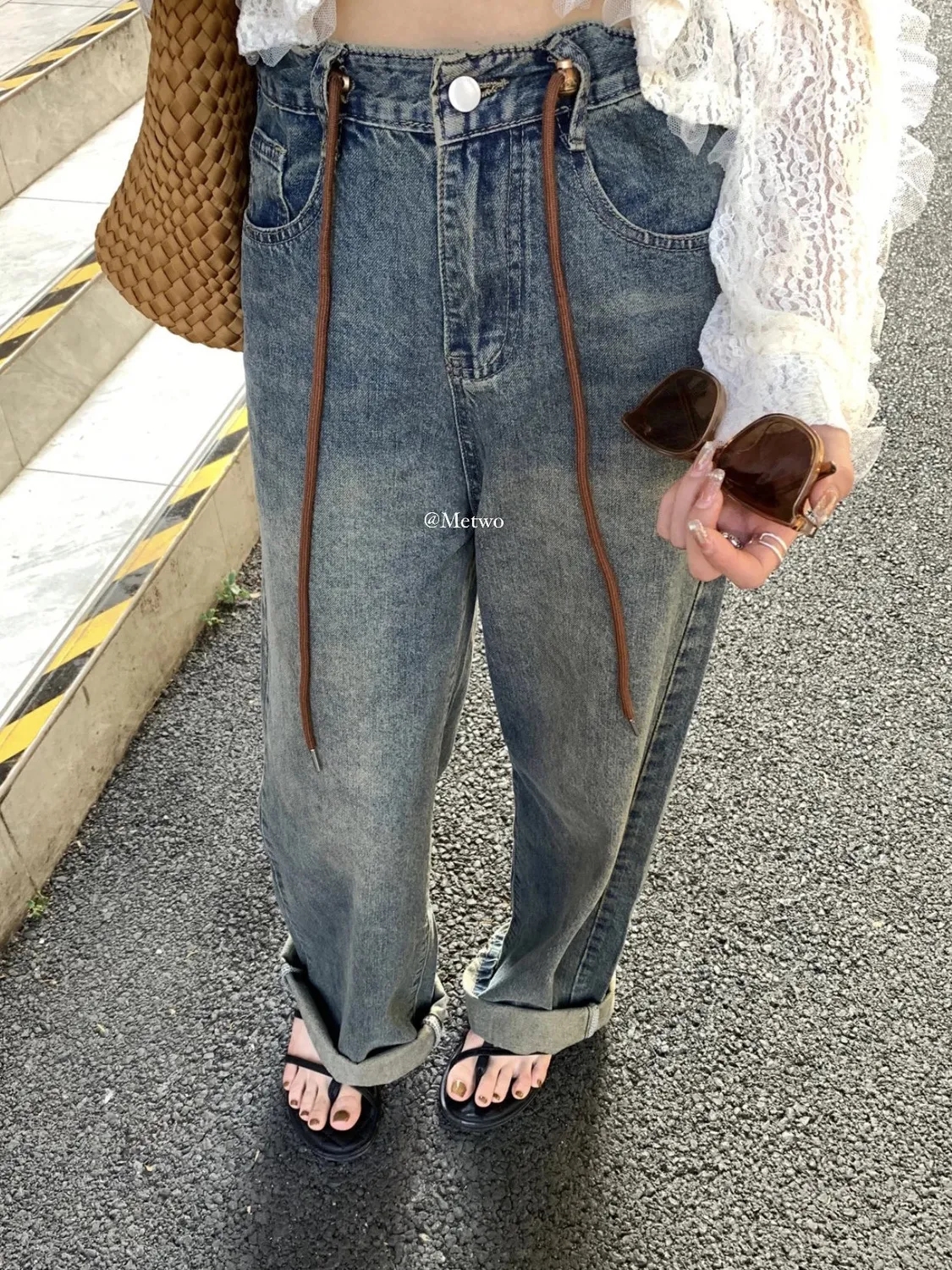 2024春夏韓國復古懷舊抽繩牛仔褲女高腰顯瘦闊腿直筒拖地MM長褲