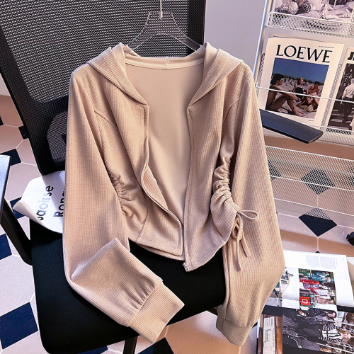 New Korean version of real-shot spring and autumn long-sleeved T-shirts for women, hooded drawstring tops, jackets, single wear and trendy outer wear