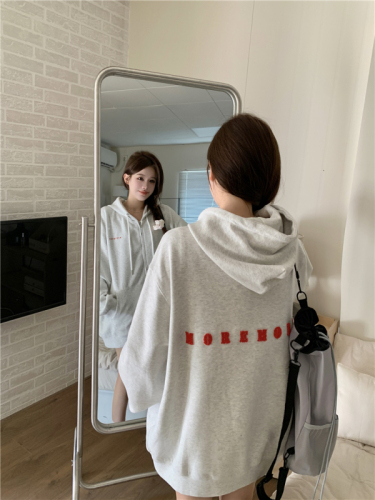 Real shot of Korean style sweet girl towel embroidered letters hooded sweatshirt jacket for women