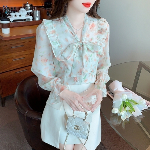 French light mature floral chiffon top for women 2024 spring and autumn new style chic design niche long-sleeved shirt
