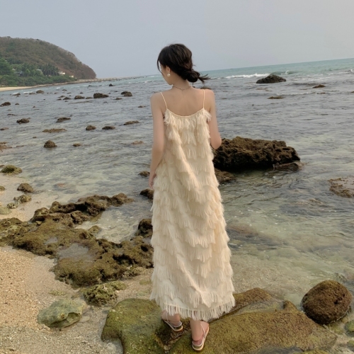 Bohemian white suspender dress for women summer loose tassel French seaside resort beach fairy long skirt