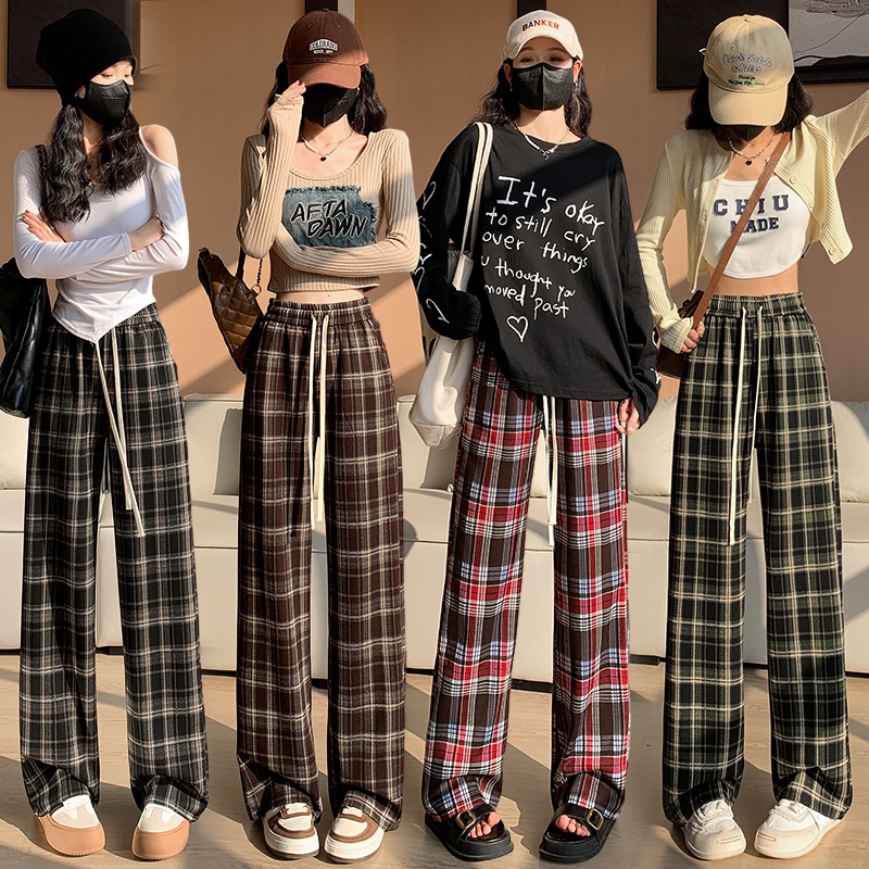 實拍復古格子闊腿褲女2024春季新款顯瘦寬鬆休閒垂感直筒拖地褲子