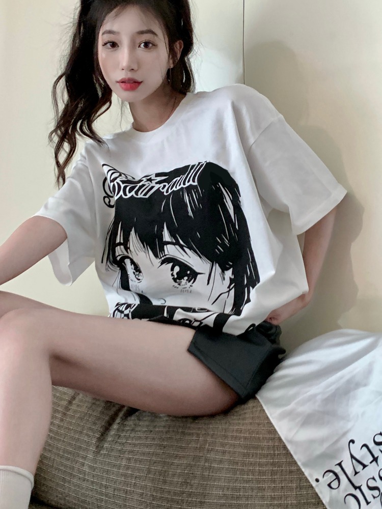 2024春夏韓版新款ins漫畫少女百搭大碼女裝短袖100%棉200g純棉T恤