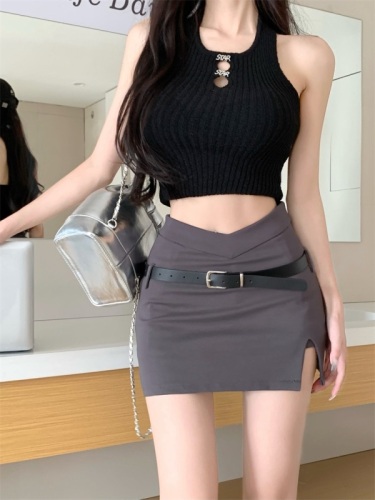 Actual shot of the new American retro hottie high-waisted slim and sexy belted slit A-line hip-hugging skirt