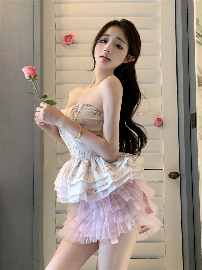 Real shot of singing costumes, temperament printed fishbone tube top/mesh cake skirt suit