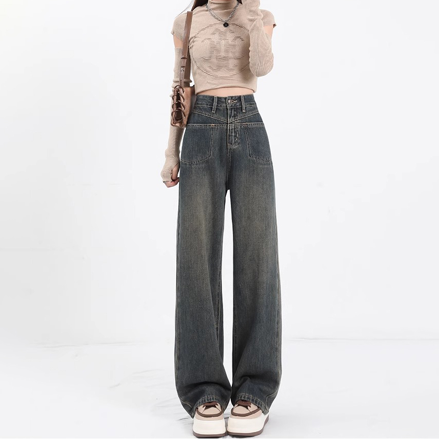 高腰闊腿牛仔褲女2024春季新款寬鬆淺藍色蝴蝶寬鬆垂墜感直筒褲子