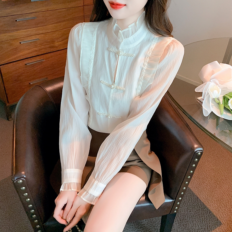 New Chinese style Chinese style button-down tops for women spring 2024 new women's long-sleeved shirts chic and beautiful chiffon shirts