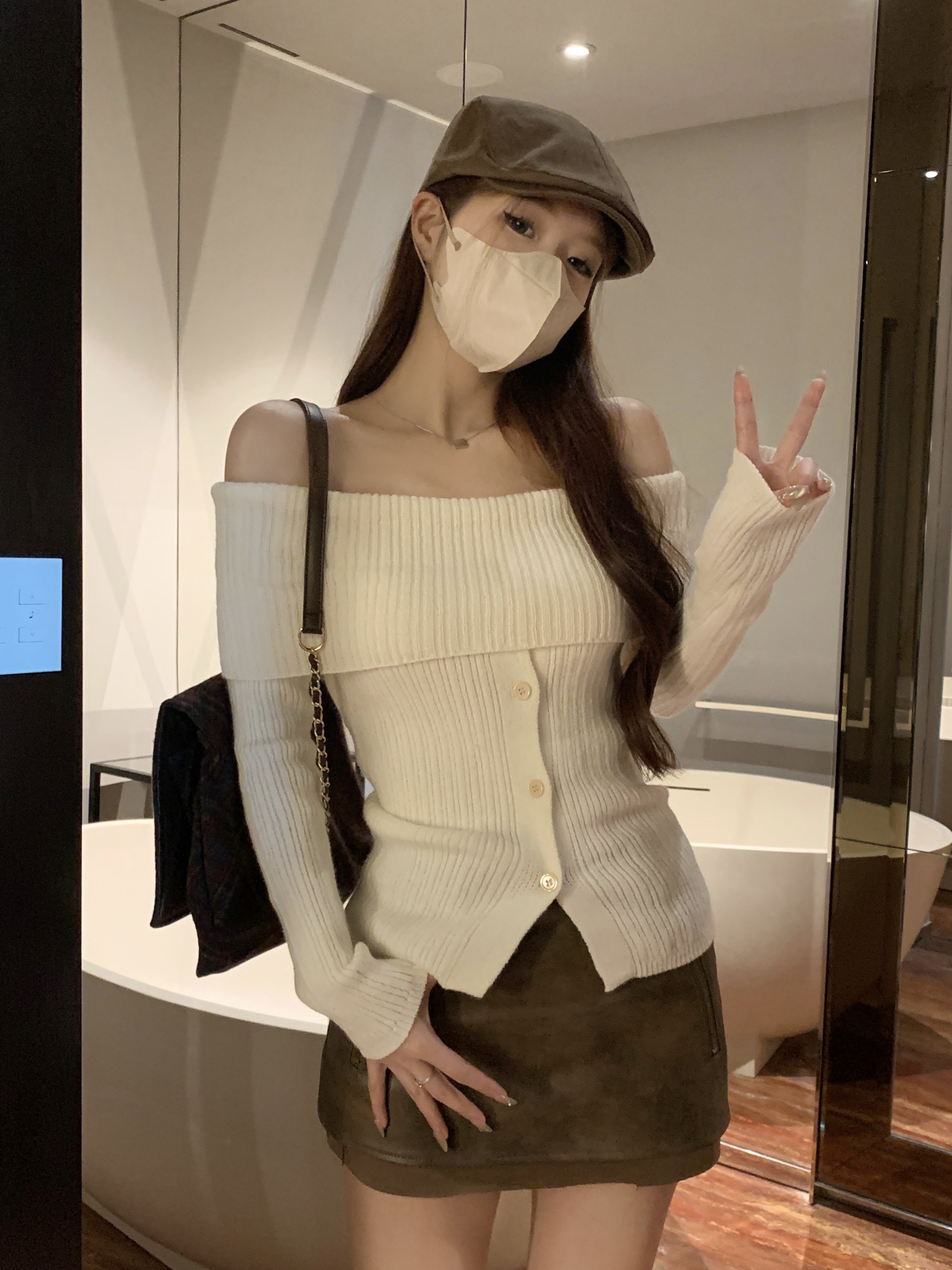 實拍 韓版新款一字肩不規則設計性感顯瘦針織毛衣上衣女