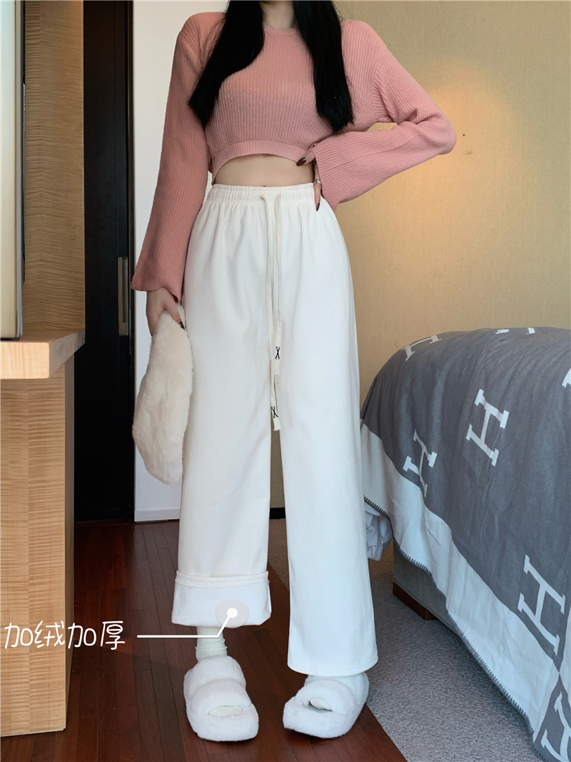 實拍 加絨加厚燈芯絨闊腿抽繩鬆緊慵懶直筒休閒拖地褲