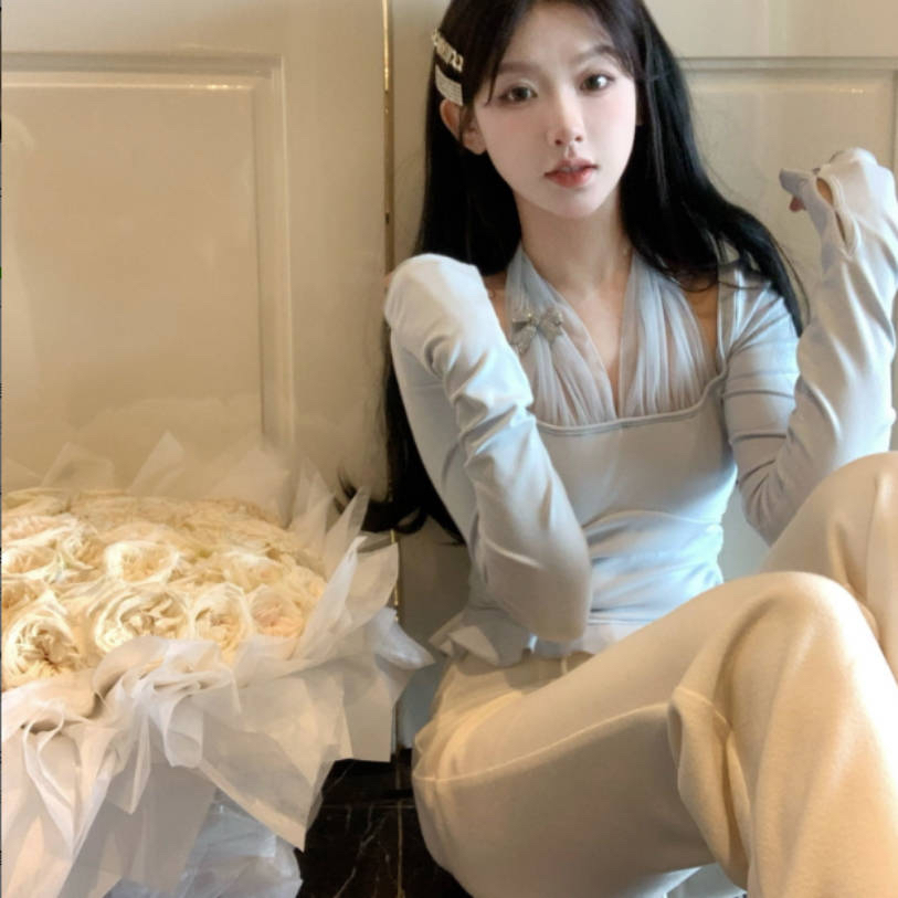 French style brilliant soft milky white basic inner top, Korean style slim fit patchwork bottoming shirt for women, autumn style