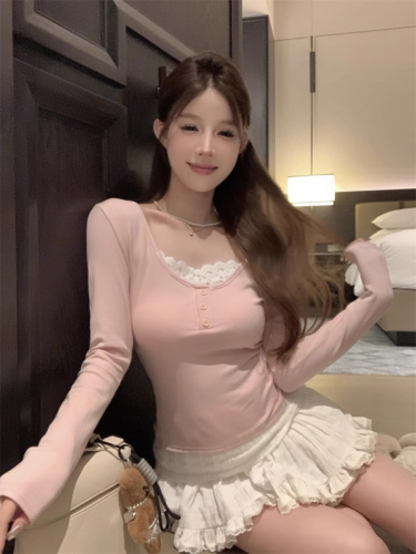 Official picture of DeRong 260g fake two-piece lace splicing long-sleeved T-shirt for women autumn and winter 2024 new tops and bottoming shirts