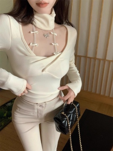 DeRong 280 mesh spliced ​​halter neck long-sleeved T-shirt for women in winter with small slim design