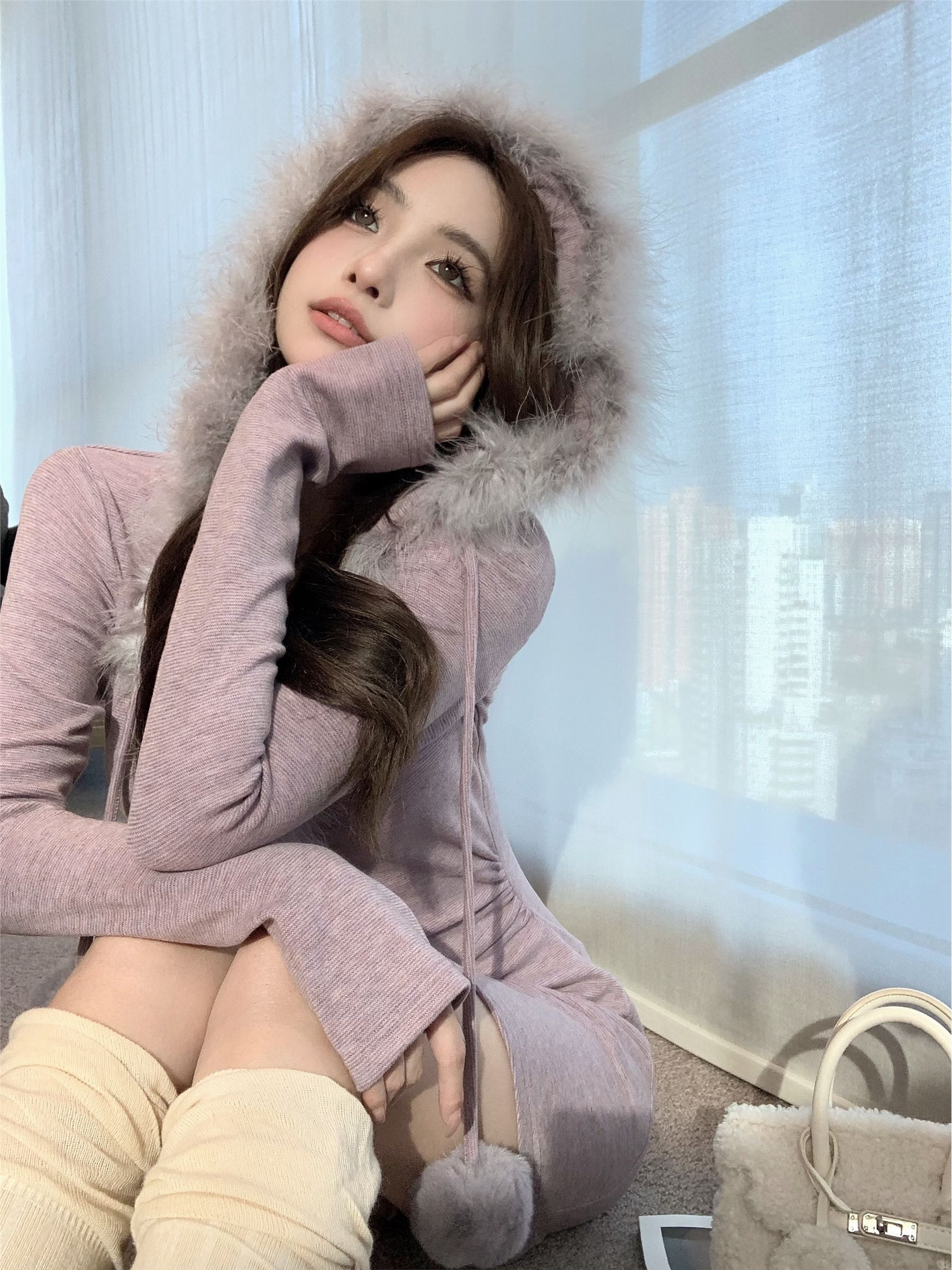 Furry splicing hooded solid color dress women's autumn and winter waist-cinching long-sleeved skirt temperament slim bottoming hip-hugging short skirt
