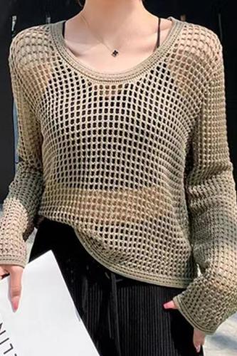 Spring and summer hollow sweater for women 2024 new thin round neck long sleeve loose pullover versatile top fashion blouse