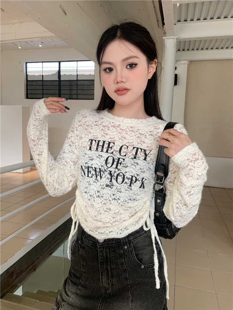 Actual shot of designer letter printed drawstring waist lace top
