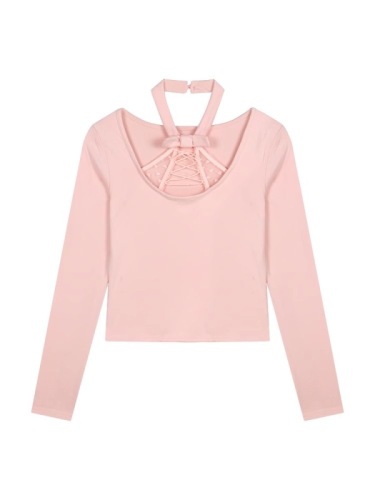 DeRong 280g pink spliced ​​halterneck long-sleeved T-shirt women's autumn and winter waist tight