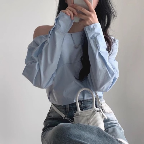 Korean chic autumn design niche unilateral off-shoulder fashionable personality loose versatile long-sleeved shirt tops for women