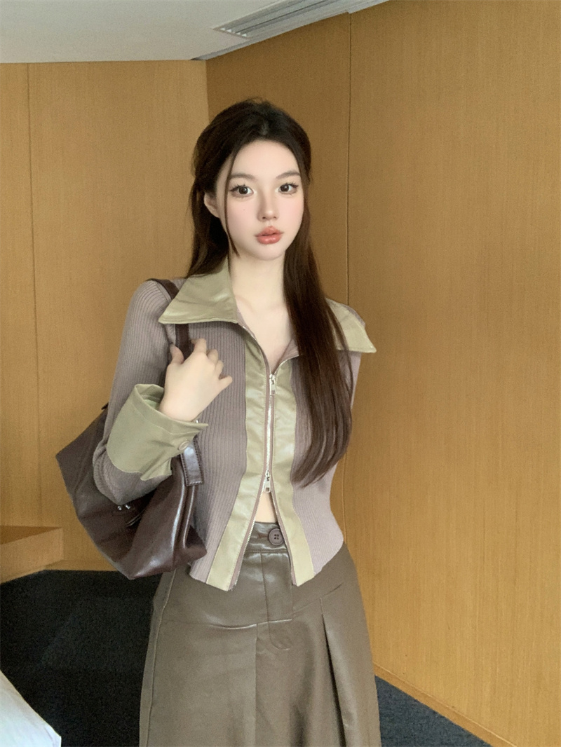 Real shot of autumn and winter Hong Kong style hot girl leather jacket splicing knitted top women's bottoming shirt