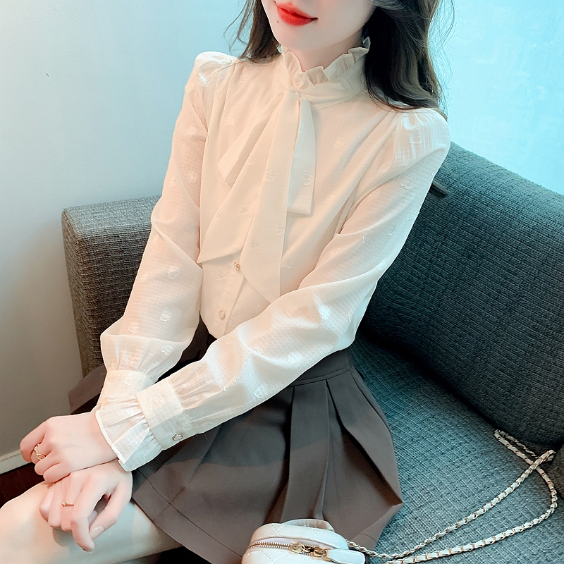 2024早春季新款系帶立領泡泡袖杏色雪紡襯衫女通勤蝴蝶結長袖上衣