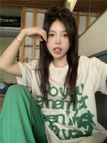 Official picture Korean version 2024 new ins trendy loose letter printed pure cotton mid-length loose short-sleeved T-shirt