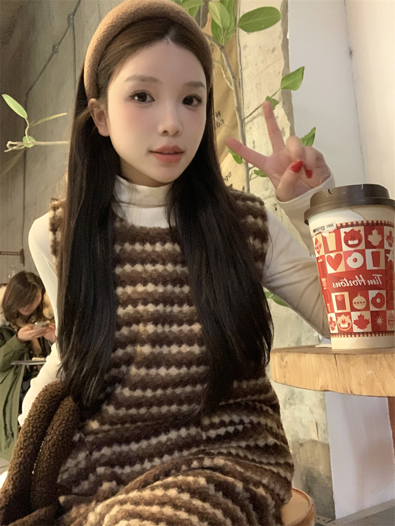 實拍~秋冬拼色流蘇背心裙中長款寬鬆打底無袖連衣裙+打底上衣
