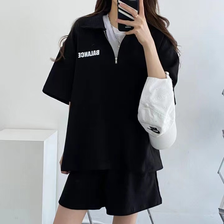 高端拉鏈套裝兩件套女短袖短褲運動服純色寬鬆夏季時尚休閒
