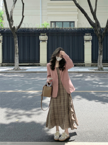 实拍#韩系简约粉色小西装外套女春+法式修身格纹吊带连衣裙女