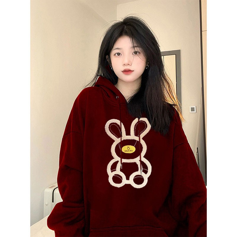 酒紅色連帽衛衣女新款美式復古慵懶風上衣