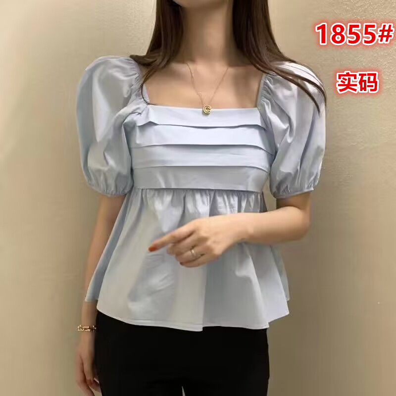 韓國新款 一字肩泡泡袖短袖襯衫