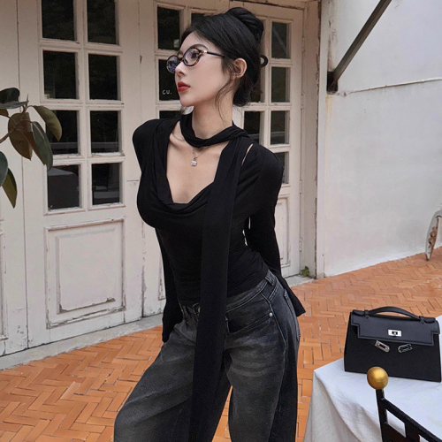 Official photo: Lace-up tight v-neck inner T-shirt top for women, spring and autumn waist-cinching long-sleeved, chic bottoming shirt