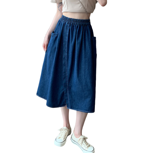 Real shot of large-size high-waisted denim pure cotton washed skirt for women in spring, loose and slimming, Korean version with back slit, mid-length