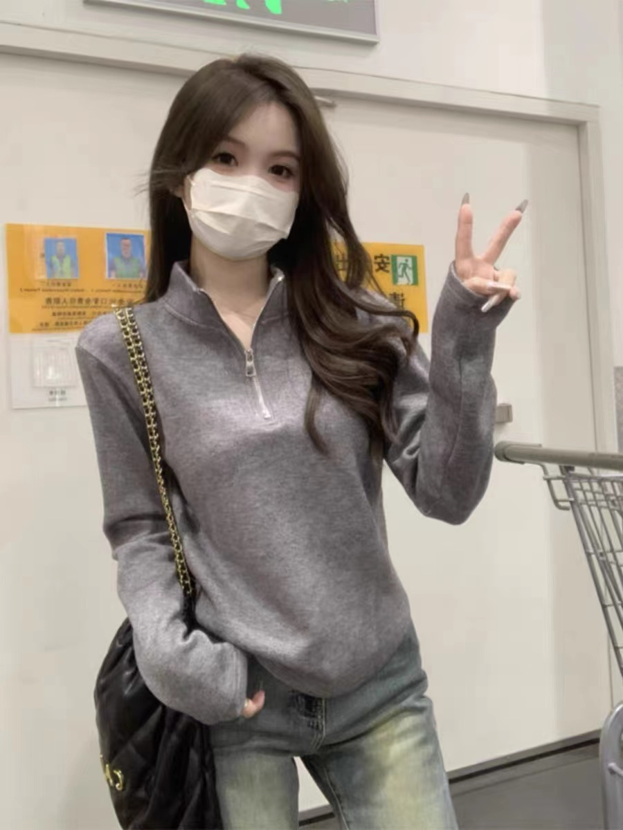 Large size zipper half turtleneck bottoming shirt for women new winter velvet thickened irregular short top for fat mm