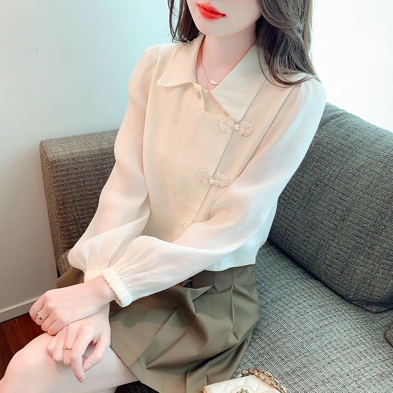 Chinese style shirt women's early spring 2024 new style buckle design irregular short style high-end long-sleeved top