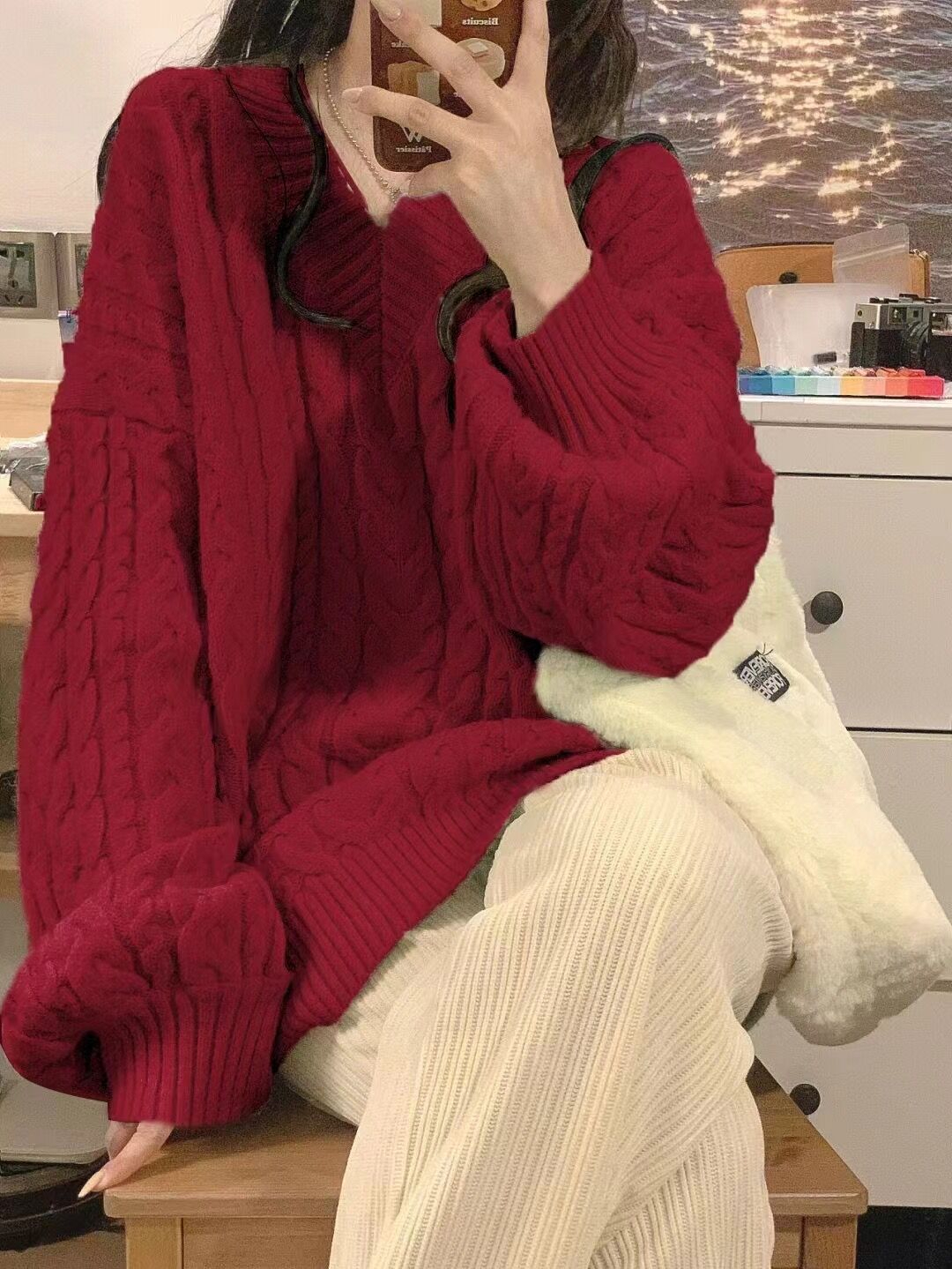 紅色麻花V領毛衣女學生秋冬日系慵懶風寬鬆顯瘦針織衫上衣