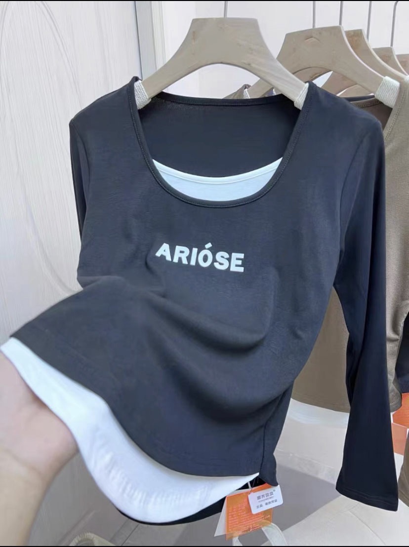 Early spring women's new fake two-piece design letter print large size tops for fat girls slimming bottoming shirts T-shirts for women