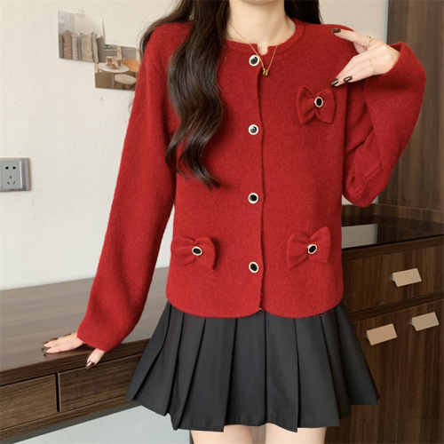 Actual shot of new small fragrant style round neck age-reducing college style bow-knot decorated sweater knitted cardigan for women