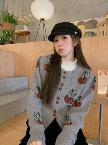 Real shot French knitted cardigan autumn and winter cherry small fragrance style single-breasted red jacquard outer sweater
