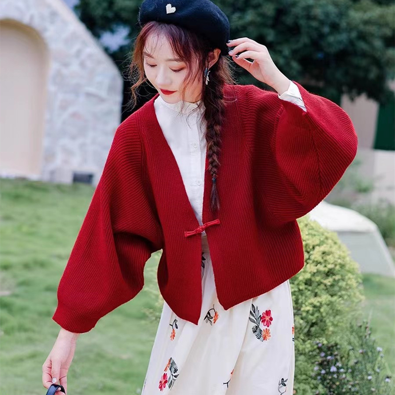 Retro Chinese-style buttoned wool sweater cardigan for women 2024 spring and autumn new bat sleeve sweater short coat