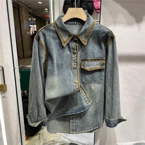 2024 Spring New Fashion Color Block Denim Shirt Women's Long Sleeve Retro Loose Casual Shirt Jacket