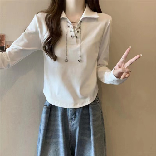 Actual shot of 2024 spring new POLO collar long-sleeved T-shirt irregular chain shoulder slimming top