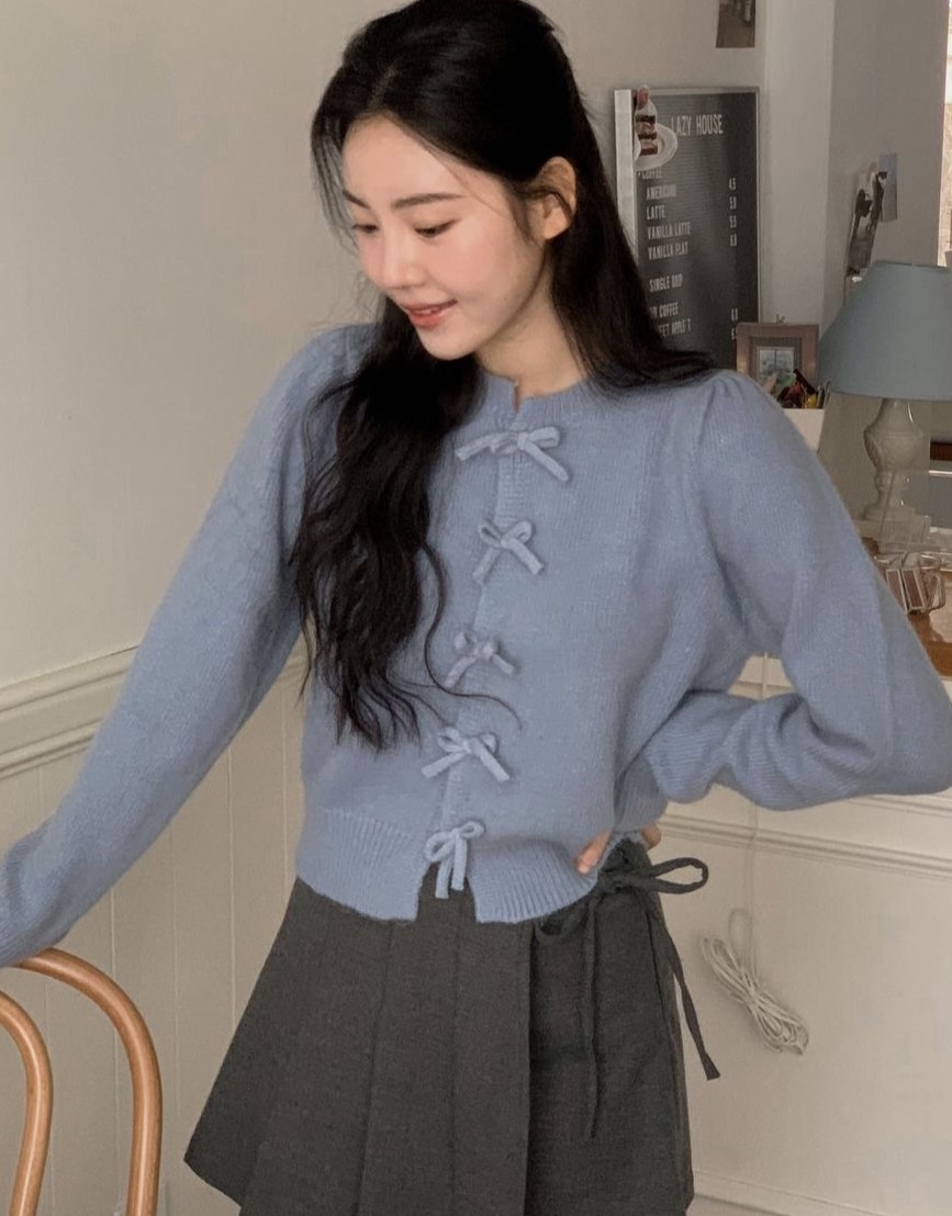韓國INS甜美少女感蝴蝶結圓領開衫外套毛衣