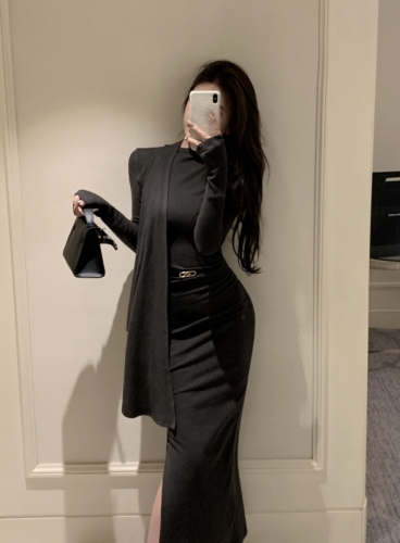 Real shot of long-sleeved dress with collar and ribbon for women, cool temperament, waist-cinching, sexy slit and hip-hugging skirt
