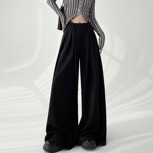 实拍西装阔腿裤女春季系带设计感垂感显瘦高腰窄版直筒休闲拖地裤
