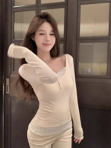 Official picture of DeRong 260g fake two-piece lace splicing long-sleeved T-shirt for women autumn and winter 2024 new tops and bottoming shirts