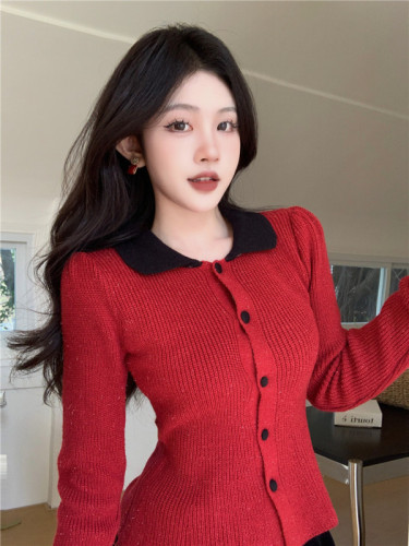 Real shot of French retro small fragrance New Year red doll collar waist ruffled bright silk sweater for women