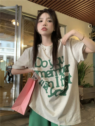 Official picture Korean version 2024 new ins trendy loose letter printed pure cotton mid-length loose short-sleeved T-shirt