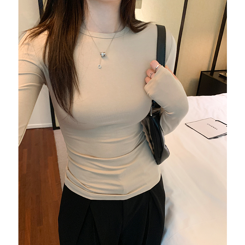Actual pictures basic model slim round neck right shoulder long sleeve T-shirt for women spring 2024 new inner layering shirt top
